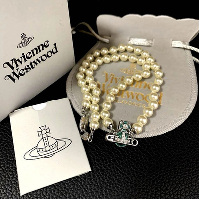 Vivienne Westwood Kitty Pearl Choker Safety Pin Necklace, Blue, with Box
