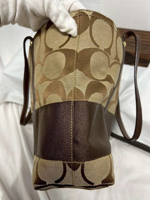COACH Tote Bag Brown Beige Canvas Leather Signature Handbag Large Leather