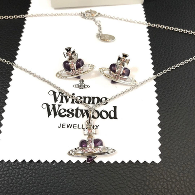 Vivienne Westwood Necklace & Earrings Set, Heart Orb Diamante, Silver, Purple
