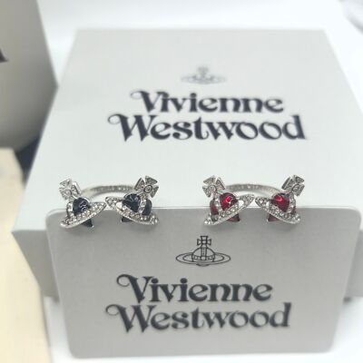 check description Vivienne Westwood Planet Double Heart Open Ring Adjustable