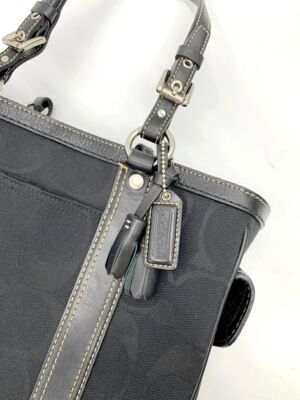 COACH Tote Bag Canvas Black Leather Signature Handbag Zip bag Large Women's