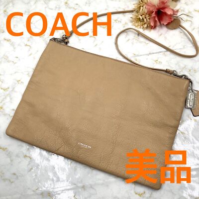 Coach Leather 2WAY Clutch Bag Second Bag Crossbody Shoulder Bag Beige