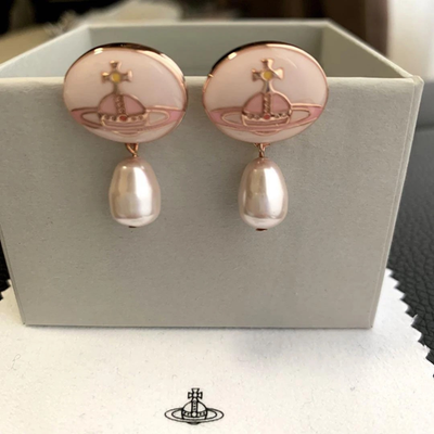 Vivienne Westwood Orb Earrings with Pearl Drop Design, 2Way Enamel Buttons, Pink