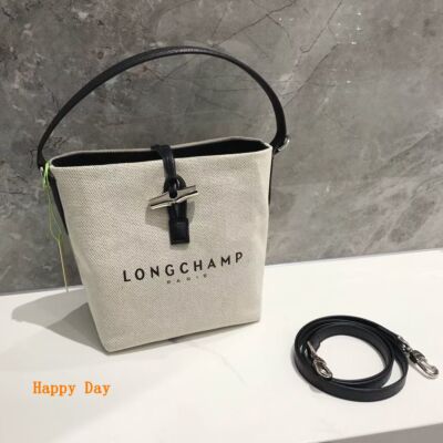Longchamp L size Canvas Tote Bag Hand bag Shoulder bag Ivory Cotton Leather