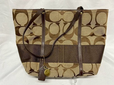 COACH Tote Bag  Brown Beige Canvas Leather Signature Handbag Large Leather