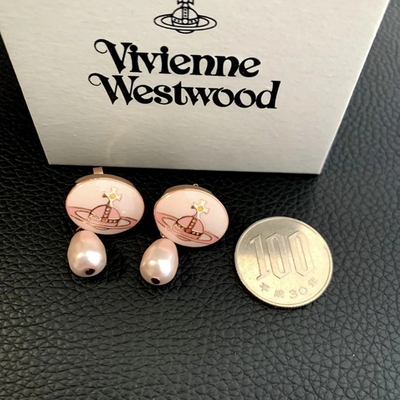 Vivienne Westwood Orb Earrings with Pearl Drop Design, 2Way Enamel Buttons, Pink