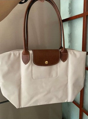 Longchamp S-L size Tote Bag Handbag Zipper bag White and Brown Leather