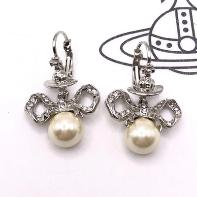 Vivienne Westwood Orb Earrings, Silver Ribbon, White Pearl, 2.1 x 3.5cm, No Box