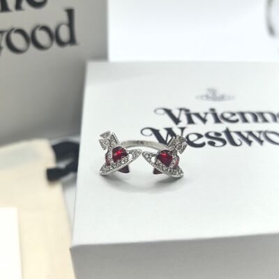 check description Vivienne Westwood Planet Double Heart Open Ring Adjustable