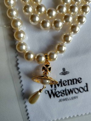 Vivienne Westwood 3-strand necklace, orb motif, drop pearl, pink gold, total49cm