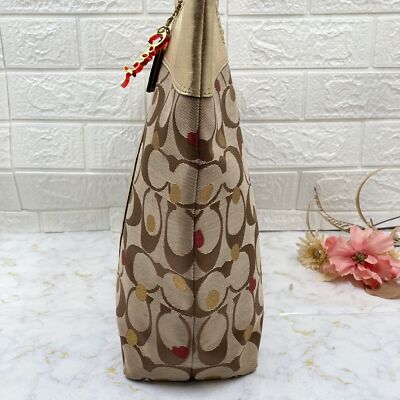 COACH Brand Gold x Beige Signature Pattern Tote Bag Shoulder bags Women's