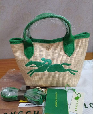 Longchamp S size Tote Bag Hand bag Top Handle Bags Green Leather Cotton