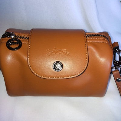 Longchamp Le Pliage XS size Tote Bag Handbag Pouch Cognac Brown Leather