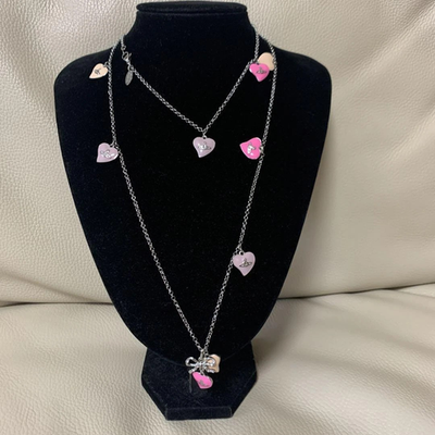 Vivienne Westwood Ribbon Orb Necklace Long Heart Silver Pink Chain 90cm Boxed