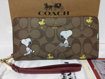 COACH PEANUTS Long Zip around Wallet Snoopy Woodstock Khaki Signature