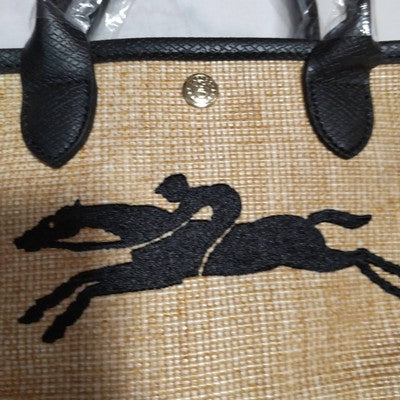 Longchamp M size  Hand bag  Basket bag Straw effect canvas x cowhide leather