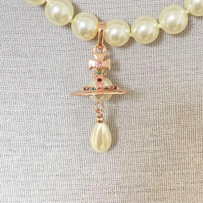 Vivienne Westwood 3-strand necklace, orb motif, drop pearl, pink gold, total49cm