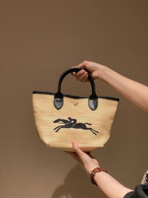 Longchamp M size  Hand bag  Basket bag Straw effect canvas x cowhide leather