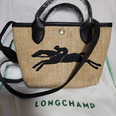 Longchamp M size  Hand bag  Basket bag Straw effect canvas x cowhide leather