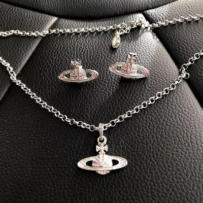 Vivienne Westwood Minibus Relief Orb Silver Pink Necklace Earrings Set No box