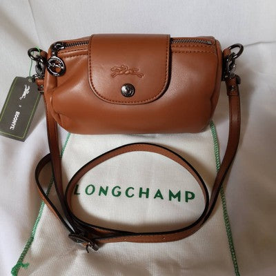 Longchamp Le Pliage XS size Tote Bag Handbag Pouch Cognac Brown Leather