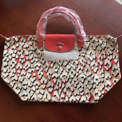 Longchamp Le Pliage L size Tote Bag Hand bag Leopard print Red Leather