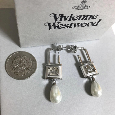 Vivienne Westwood Orb Earrings, Teardrop Pearl, Enamel, Silver, Padlock Motif