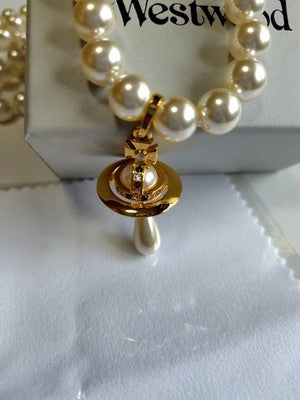 Vivienne Westwood 3-strand necklace, orb motif, drop pearl, pink gold, total49cm