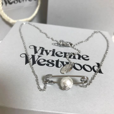 Vivienne Westwood Pearl Safety Pin Choker Necklace, Chain Length: 44cm, No Box