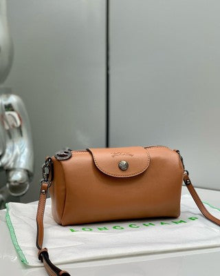 Longchamp Le Pliage XS size Tote Bag Handbag Pouch Cognac Brown Leather