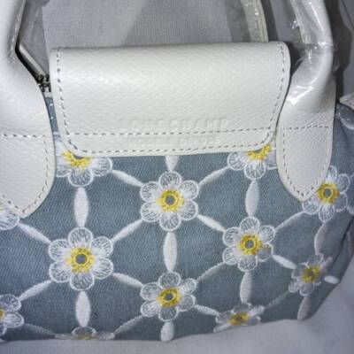 Longchamp XS size Tote Bag Handbag Shoulder bag Light blue Leather Cotton
