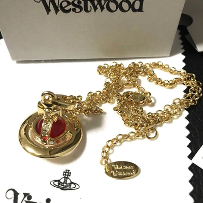 Vivienne Westwood Tiny Orb Gold Red Stone Pendant Necklace, Chain Length: 47.0cm