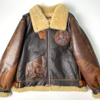 AVIREX B-3 Painted Shearling Jacket Real mouton flight jacket 44 Bomber Brown