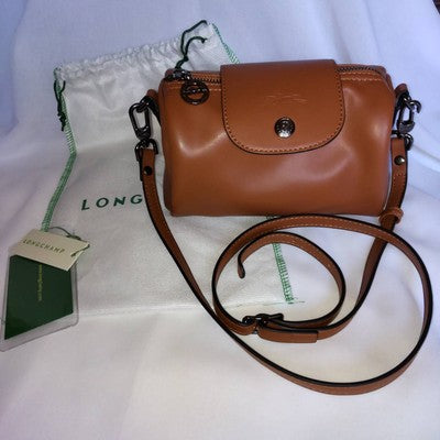 Longchamp Le Pliage XS size Tote Bag Handbag Pouch Cognac Brown Leather
