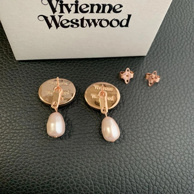 Vivienne Westwood Orb Earrings with Pearl Drop Design, 2Way Enamel Buttons, Pink