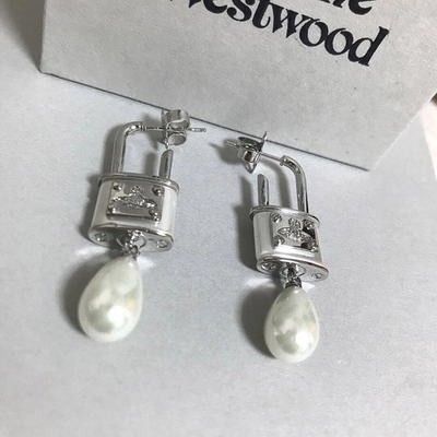 Vivienne Westwood Orb Earrings, Teardrop Pearl, Enamel, Silver, Padlock Motif