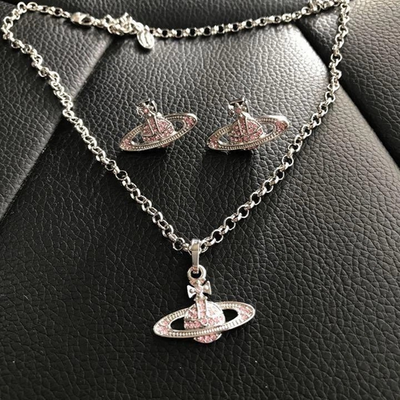 Vivienne Westwood Minibus Relief Orb Silver Pink Necklace Earrings Set No box