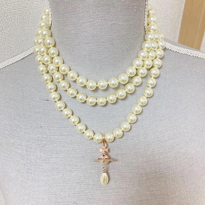 Vivienne Westwood 3-strand necklace, orb motif, drop pearl, pink gold, total49cm