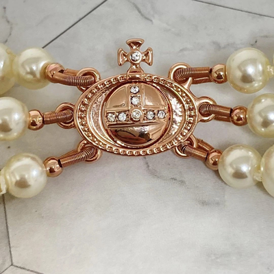 Vivienne Westwood 3-strand necklace, orb motif, drop pearl, pink gold, total49cm