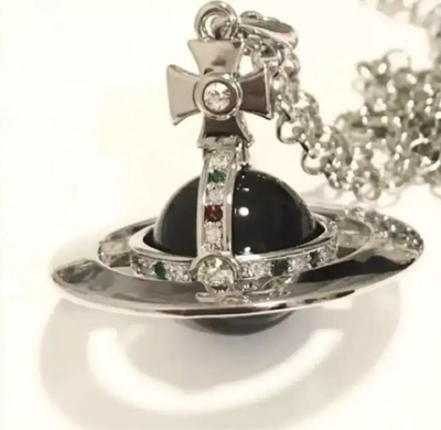 Vivienne Westwood Small Orb Silver/Black Multi-Stone Necklace with 80cm Chain