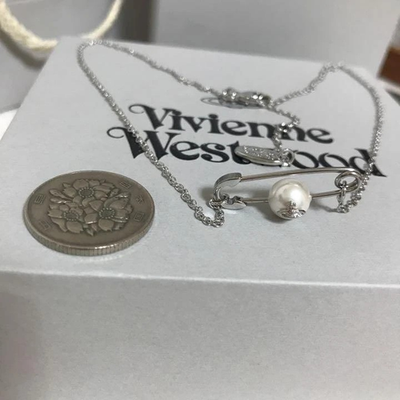 Vivienne Westwood Pearl Safety Pin Choker Necklace, Chain Length: 44cm, No Box