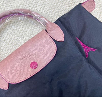 Longchamp M size Tote Bag Handbag Eiffel Tower Embroidery Black Leather