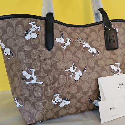Coach Peanuts Snoopy collaboration Tote Bag Outlet Redwood Beige Black