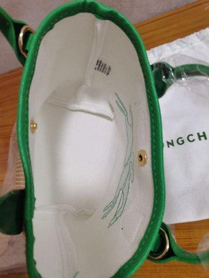 Longchamp S size Tote Bag Hand bag Top Handle Bags Green Leather Cotton