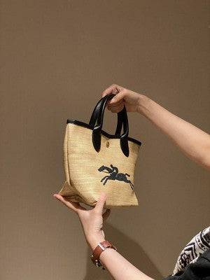 Longchamp M size  Hand bag  Basket bag Straw effect canvas x cowhide leather