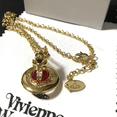 Vivienne Westwood Tiny Orb Gold Red Stone Pendant Necklace, Chain Length: 47.0cm