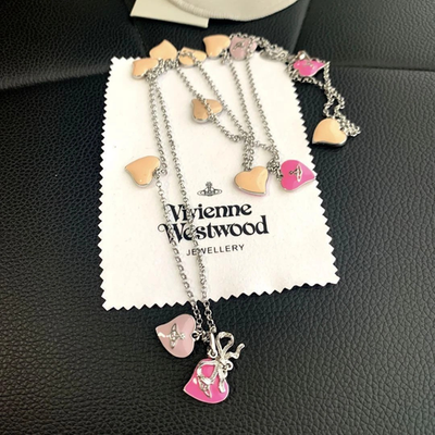 Vivienne Westwood Ribbon Orb Necklace Long Heart Silver Pink Chain 90cm Boxed