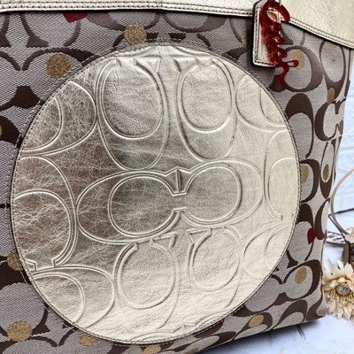 COACH Brand Gold x Beige Signature Pattern Tote Bag Shoulder bags Women's