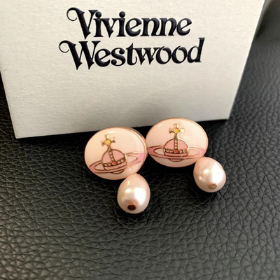 Vivienne Westwood Orb Earrings with Pearl Drop Design, 2Way Enamel Buttons, Pink