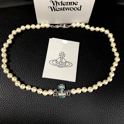 Vivienne Westwood Kitty Pearl Choker Safety Pin Necklace, Blue, with Box